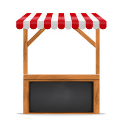 Street stall with red awning and wooden rack. - obrazy, fototapety, plakaty