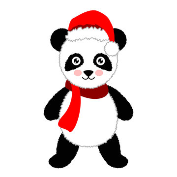 Cartoon panda wearing Santa hat. Vector Illustration. Isolated