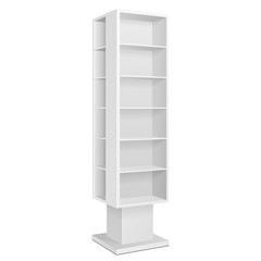 White Blank Quadrilateral Empty Showcase Displays With Retail Shelves Products On White Background Isolated. Ready For Your Design. Product Packing. Vector EPS10