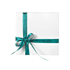 Isolated Holiday Present White Box with Blue Ribbon