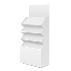 White Cardboard Floor Display Rack For Supermarket Blank Empty Displays With Shelves Products On White Background Isolated. Ready For Your Design. Product Packing. Vector EPS10
