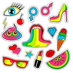 Fashion patch badges with lips, kiss, heart, star, ice cream, lipstick, eye, shit, rainbow. Vector background isolated with cute stickers, pins, patches in cartoon 80s-90s comic style. Red yellow.