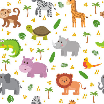 African animals seamless pattern. Cute cartoon childish animals