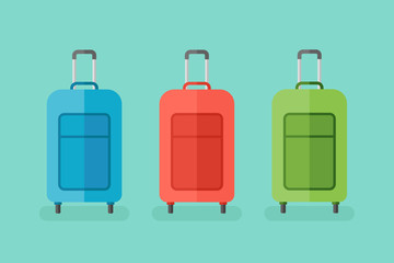 Set of luggage cases in different colors. Travel bags flat style vector illustration.