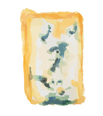 Isolated watercolor blue cheese on white background. Delicious gourmet cheese with mold. French product.