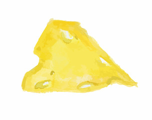 Isolated watercolor cheddar cheese on white background. Delicious gourmet cheese with holes. Swiss product.