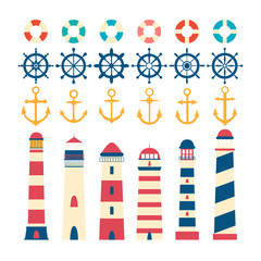 Obraz na płótnie Canvas Nautical set. Steering wheel, lighthouse, anchor and lifebuoy. N