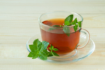 Cup of tea and mint on a wooden background