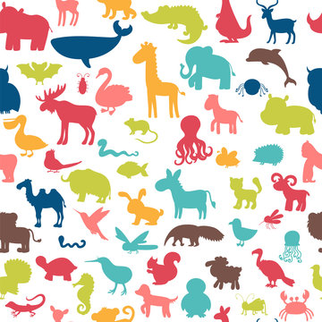 Seamless pattern with colored animals silhouettes. Cute backgrou