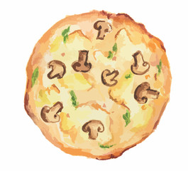 Isolated watercolor pizza on white background. Tasty italian snack or street food. Italian cuisine. Pizza with mushrooms.