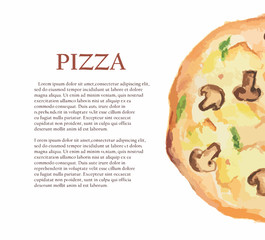 Fototapeta na wymiar Isolated watercolor pizza on white background. Tasty italian snack or street food. Italian cuisine. Poster with text.