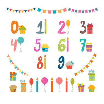 Set of birthday party design elements with numbers