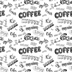 seamless doodle coffee pattern on white, background ,hand drawn