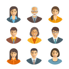Fototapeta premium Asian business people flat vector avatars. Business team icons. Men and women in suits, Japanese, Chinese, Korean young and senior characters. Company staff profile pictures. Simple cute happy faces