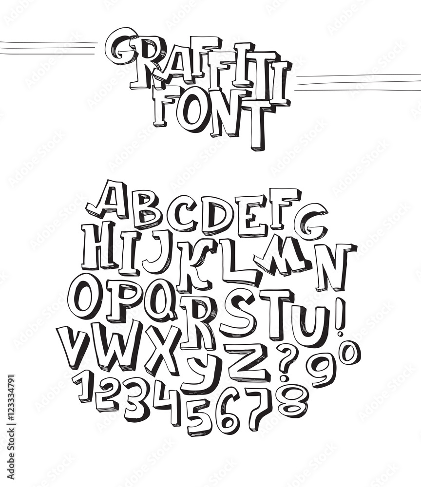 Fototapete graffiti font. abc letters from a to z and numbers from 0 to 9, isolated on white background. 3d han
