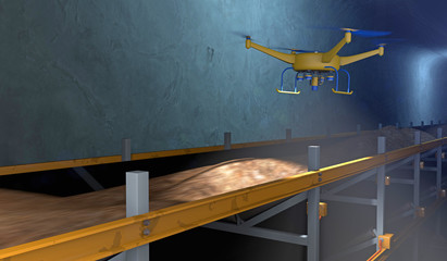 3D illustration of a UAV drone inspecting a conveyor in an underground mine. Fictitious conveyor assembly; lens flare, depth-of-field and motion blur for dramatic effect.