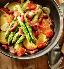 Asparagus and potatoes in frying pan.
