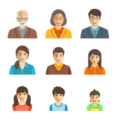 Asian family happy faces. Vector flat avatars. People generation simple icons. Mother, father and adult, teen and little kids. Japanese, Chinese portraits. Young, senior men and women, boys and girls