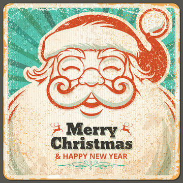 Vector Santa Claus in vintage style Christmas greeting card. Retro illustration with copy space for text.