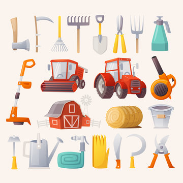 Items, tools and agricultural machines for farming. Flat view