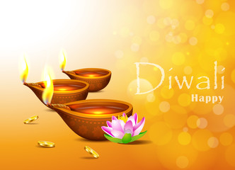 Diwali Holiday greeting card with burning di ya and lotus.