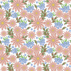 Fototapeta na wymiar Seamless floral pattern background, flowers ornament wallpaper textile Illustration. blue ,beige flowers on a white background.