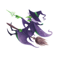 Halloween hand-drawn illustration. Evil Witch on the broom.
