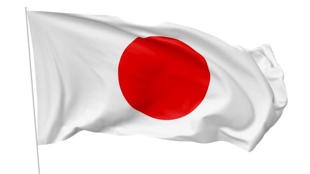 National Flag of Japan with flagpole waving in the wind, 3D animation with luma matte alpha channel included