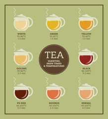 Tea varieties and brewing instructions. Steeping time and temperature. Types of tea in glass teapots. Infographic poster - 123340535