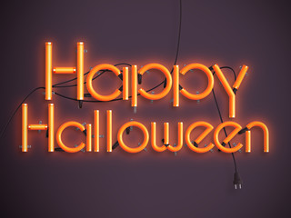 happy halloween glowing neon text 3d illustration