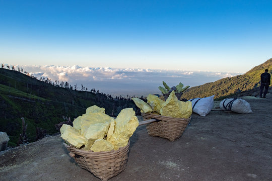 yellow sulfur mine ijen volcano at sunrise panorama landscape view