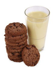 Chocolate cookies and soy milk in glass isolated on white