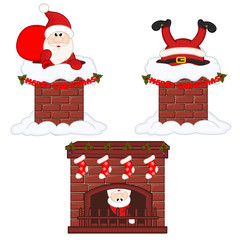Santa Claus inside chimney and fireplace - vector illustration, eps
