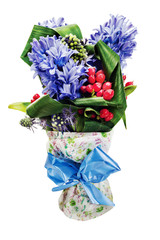 Colorful bouquet from hyacinth flowers arrangement centerpiece isolated on white background.