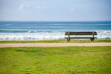Wood bench near beach and sea