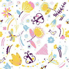 Floral seamless pattern with insects and birds
