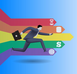 Searching treasure at the end of the rainbow concept. Confident businessman in business suit with case in one hand and smart phone in other runs trying to find treasure at the end of the rainbow.