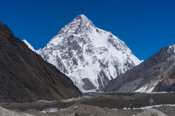 K2 mountain peak, second highest mountain in the world view from Concordia camp, Karakoram mountains range in K2 base camp trekking route, Gilgit Baltistan, Pakistan, Asia