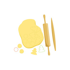 Dough And Rolling Pin Baking Process  Kitchen Equipment Isolated Item