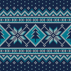 Winter Holiday Fair Isle Knitted Pattern with Snowflakes and Christmas Tree