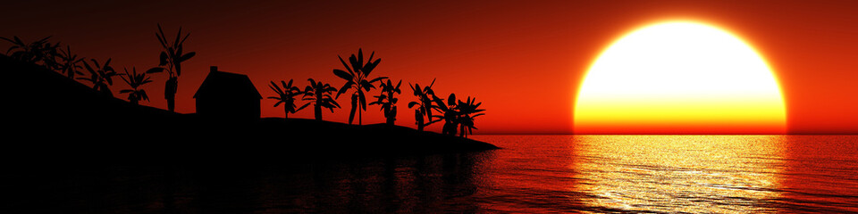 Sunset over the island. Silhouette of a tropical island.
