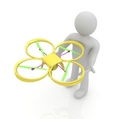 3d man with drone, quadrocopter, with photo camera. 3d render. 3