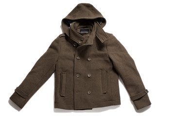 Heavy cold weather winter naval pea coat jacket isolated on white background