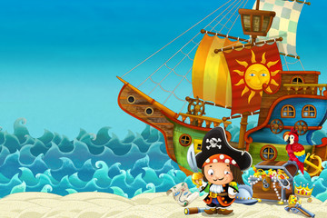 Obraz na płótnie Canvas Cartoon scene of beach near the sea or ocean - pirate captain on the shore and treasure chest - illustration for children