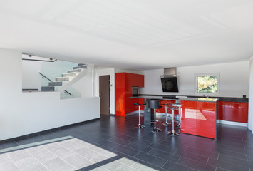 Modern house interior empty kitchen, dining room