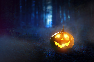 Leuchtender Halloween-Kürbis im nebeligen Wald