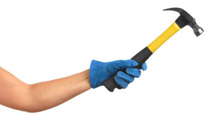 Woman's arm with hammer on white
