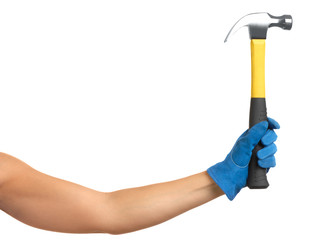 Woman's arm with hammer on white