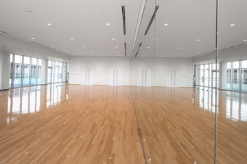 Empty parguet floor room with giant mirror