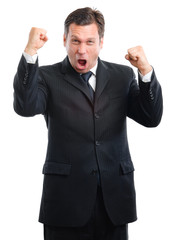 Businessman Pumping Fists in Excitement on White